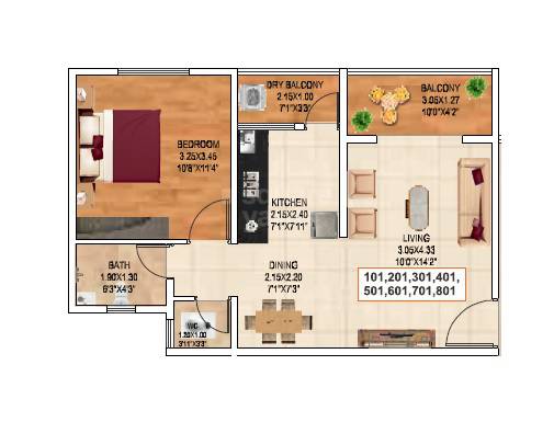 Floor plan of 1 BHK 523 Sq. Ft. Apartment in Om Yashodham, Pune