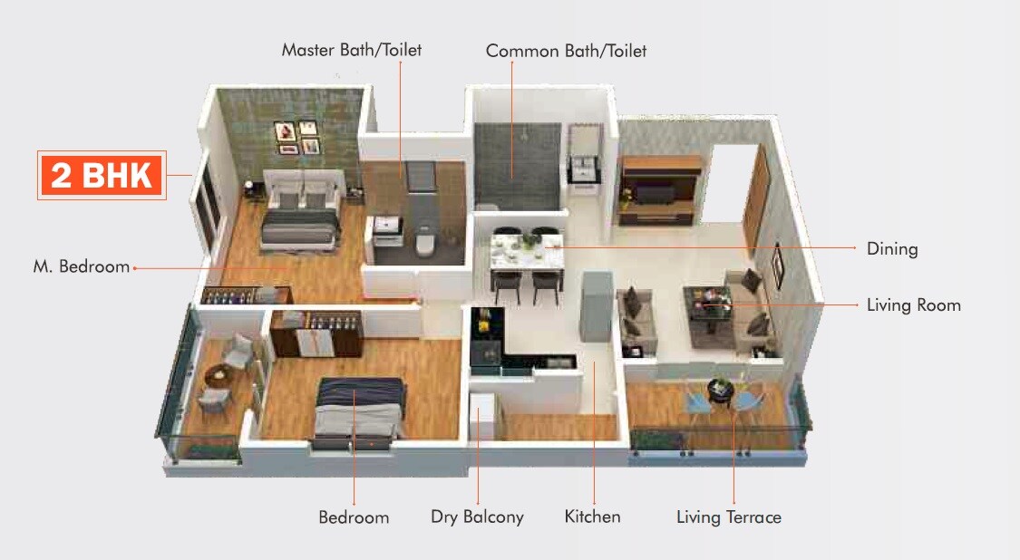 Floor plan of 2 BHK 760 Sq. Ft. Apartment in Om Yashodham, Pune