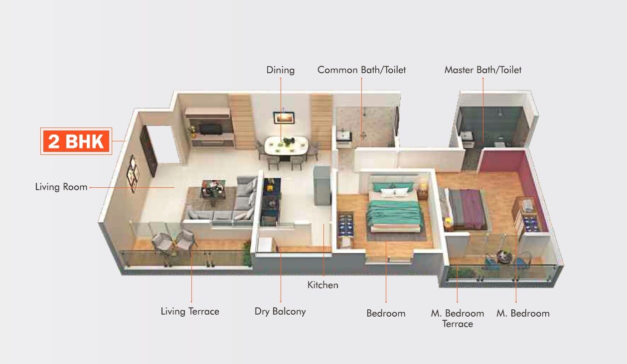 Floor plan of 2 BHK 815 Sq. Ft. Apartment in Om Yashodham, Pune