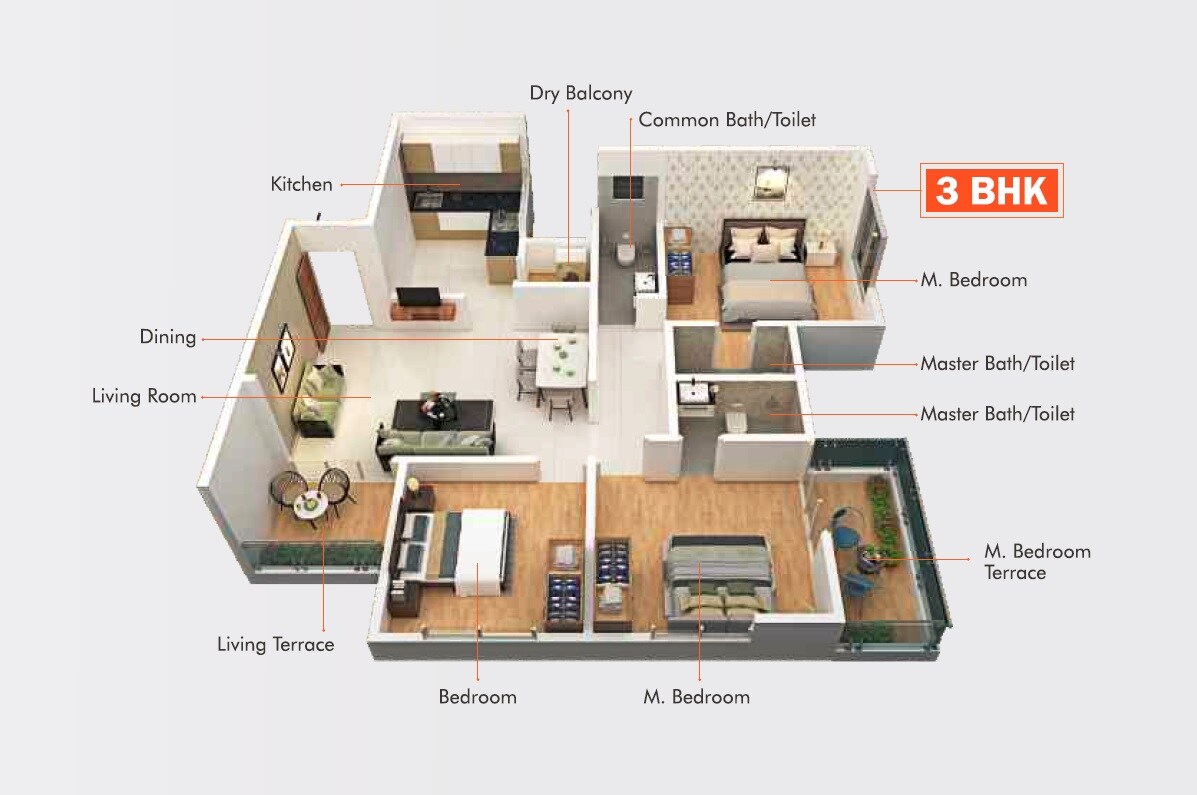 Floor plan of 3 BHK 960 Sq. Ft. Apartment in Om Yashodham, Pune