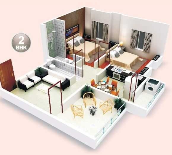 Floor plan of 2 BHK 811 Sq. Ft. Apartment in Omkar Bliss, Pune