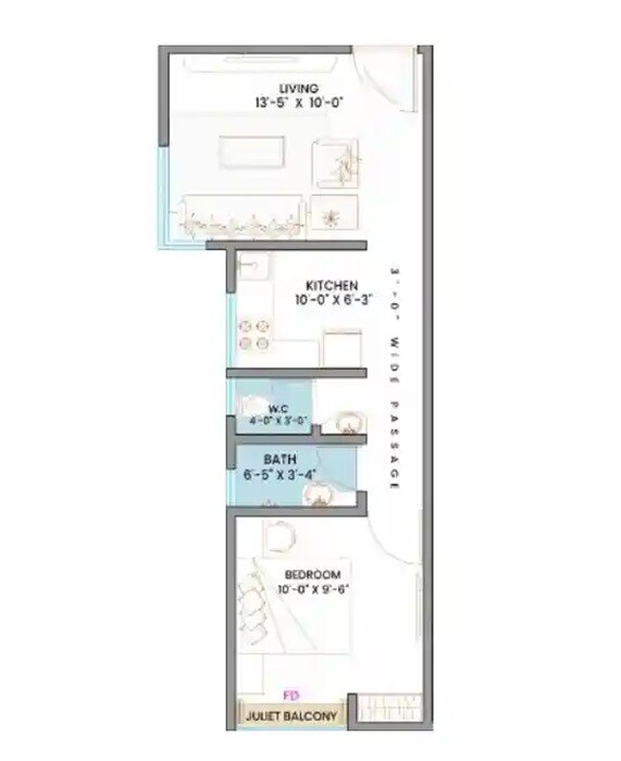 Floor plan of 1 BHK 365 Sq. Ft. Apartment in Omkar Parvati Apartments, Pune