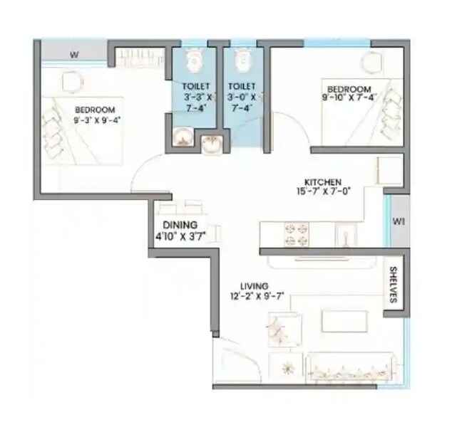 Floor plan of 2 BHK 450 Sq. Ft. Apartment in Omkar Parvati Apartments, Pune