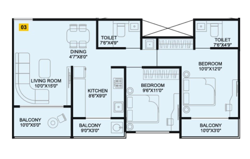 Floor plan of 2 BHK 724 Sq. Ft. Apartment in Omkar Santoshi Mata Complex, Pune