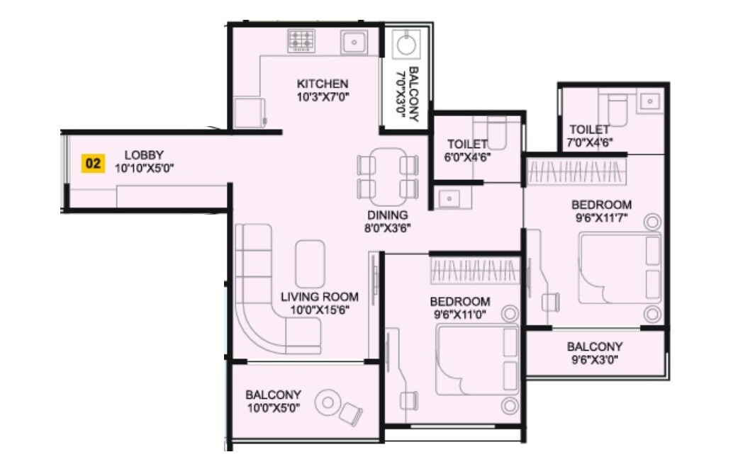 Floor plan of 2 BHK 750 Sq. Ft. Apartment in Omkar Santoshi Mata Complex, Pune