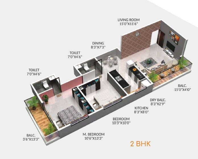Floor plan of 2 BHK 790 Sq. Ft. Apartment in Omkar Varad Residency, Pune