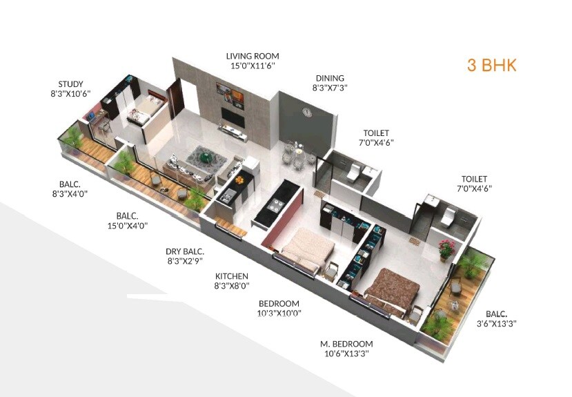 Floor plan of 3 BHK 914 Sq. Ft. Apartment in Omkar Varad Residency, Pune
