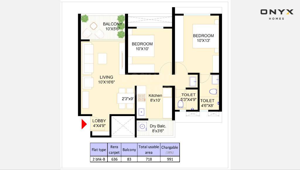 2 BHK 636 Sq. Ft. Apartment in Onyx Homes 52