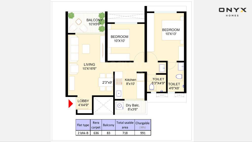Floor plan of 2 BHK 636 Sq. Ft. Apartment in Onyx Homes 52, Pune