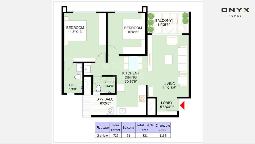 Floor plan of 2 BHK 729 Sq. Ft. Apartment in Onyx Homes 52, Pune