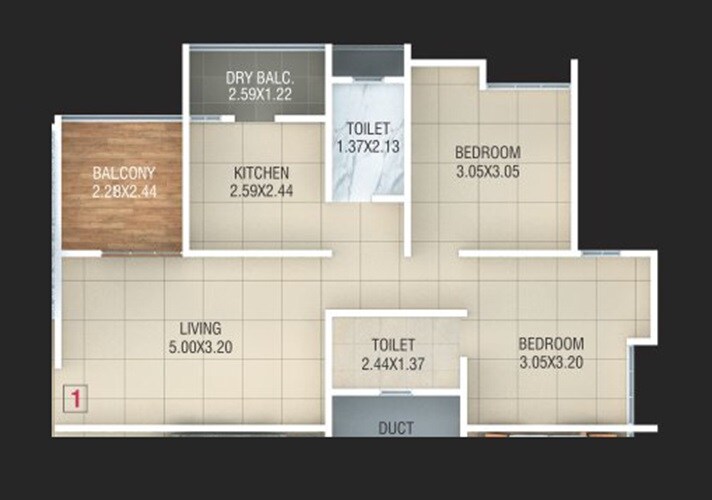Floor plan of 2 BHK 696 Sq. Ft. Apartment in Opel Hayat, Pune