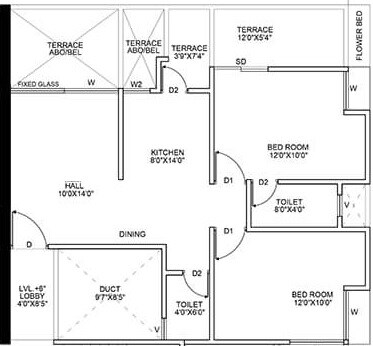 Floor plan of 2 BHK 694 Sq. Ft. Apartment in Opulent Sheetal Square, Pune