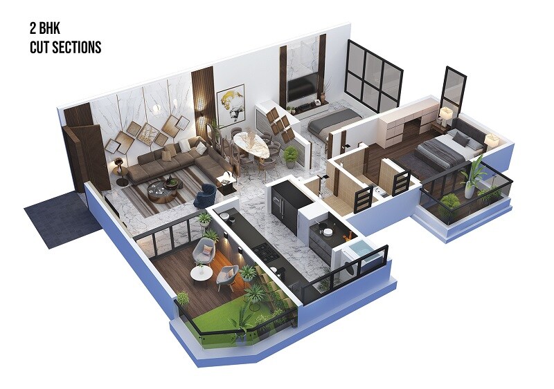 Floor plan of 2 BHK 1000 Sq. Ft. Apartment in Opulent Starlit, Pune