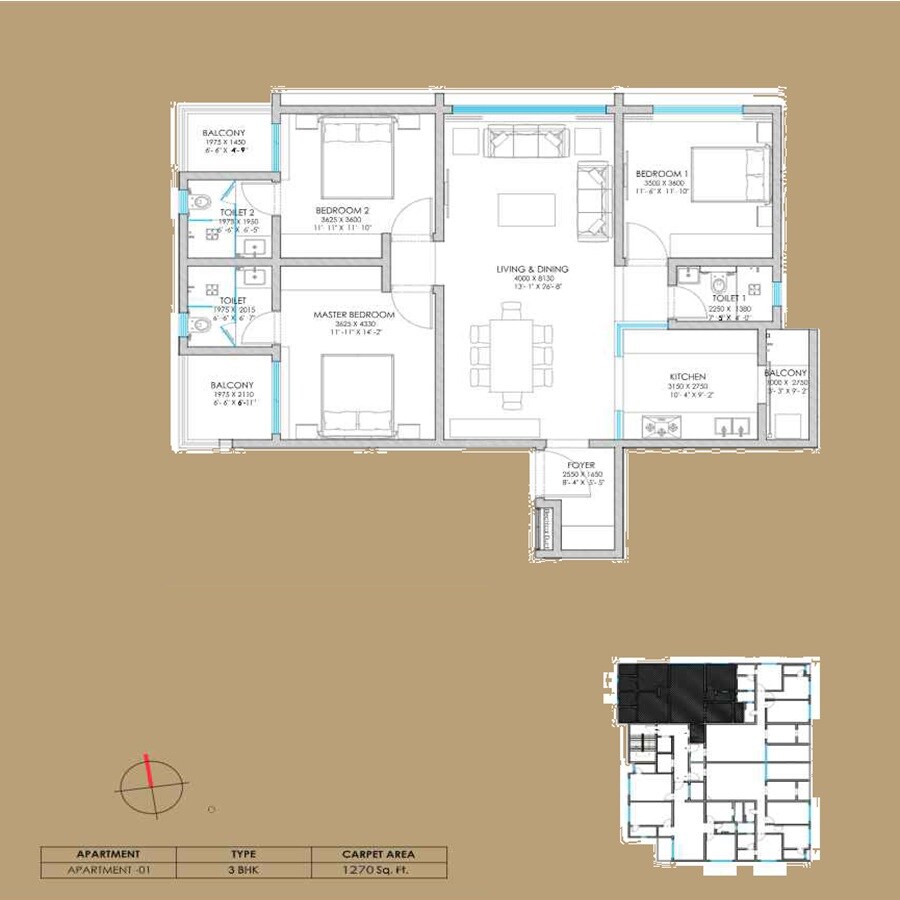 Floor plan of 3 BHK 1270 Sq. Ft. Apartment in Orange Amara, Pune