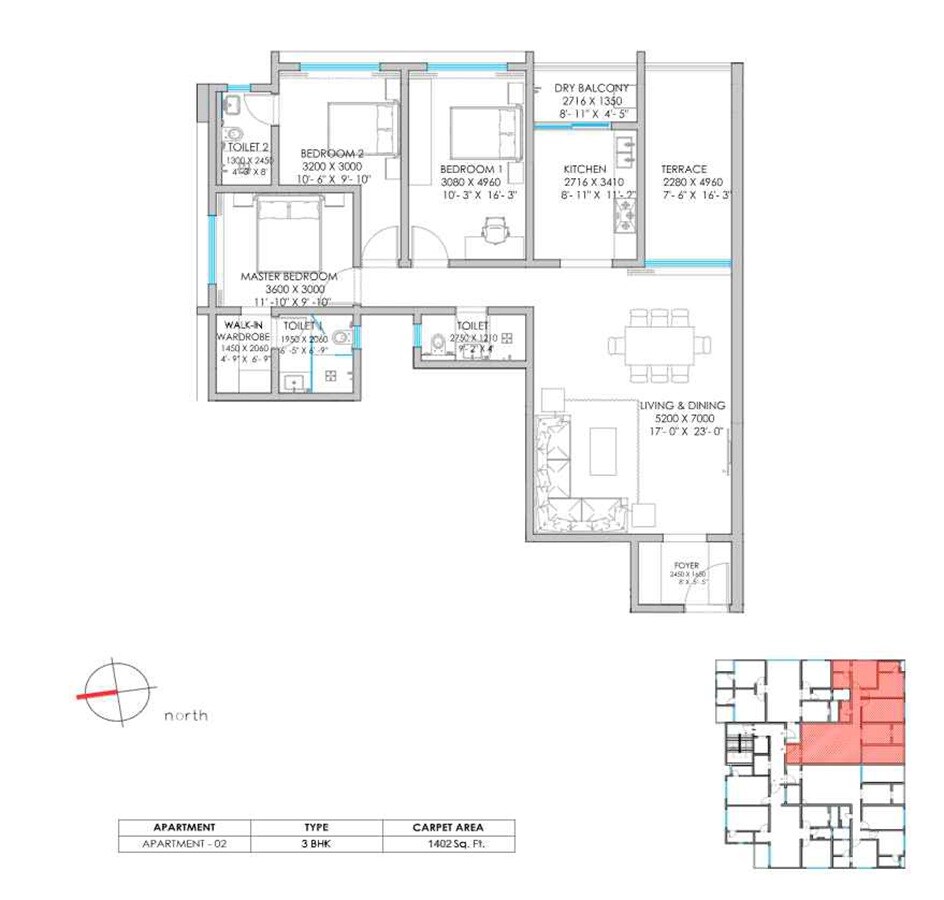 Floor plan of 3 BHK 1402 Sq. Ft. Apartment in Orange Amara, Pune