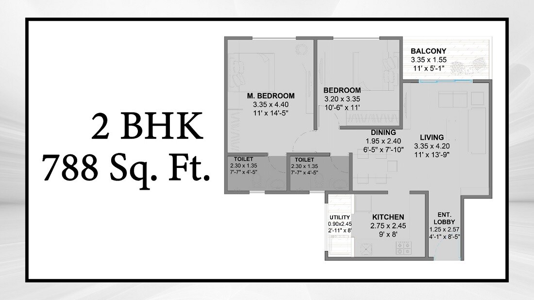 Floor plan of 2 BHK 788 Sq. Ft. Apartment in Oree Cloud 28, Pune