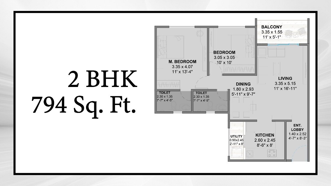 Floor plan of 2 BHK 794 Sq. Ft. Apartment in Oree Cloud 28, Pune