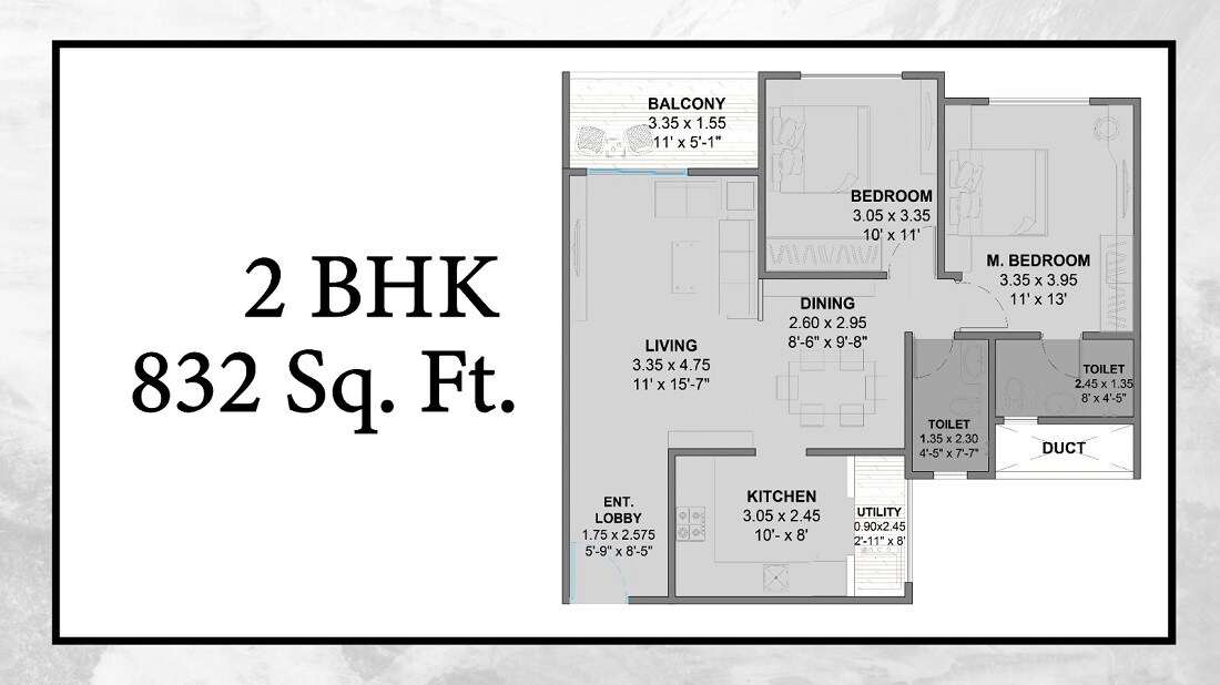 Floor plan of 2 BHK 832 Sq. Ft. Apartment in Oree Cloud 28, Pune
