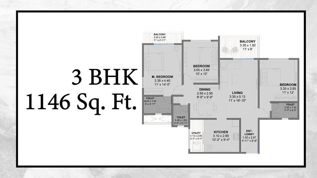 Floor plan of 3 BHK 1146 Sq. Ft. Apartment in Oree Cloud 28, Pune