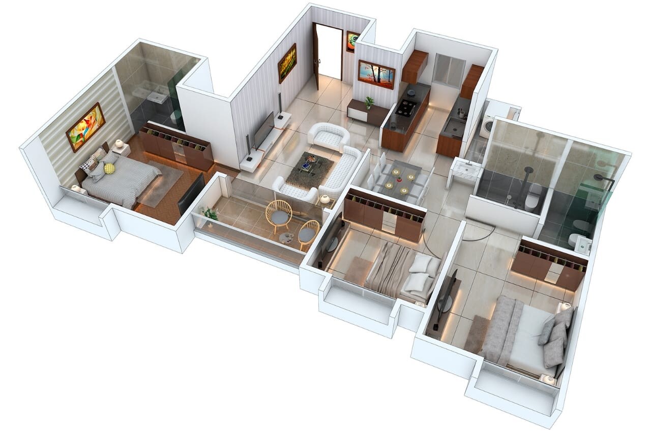 Floor plan of 3 BHK 1165 Sq. Ft. Apartment in Oree Cloud 51, Pune