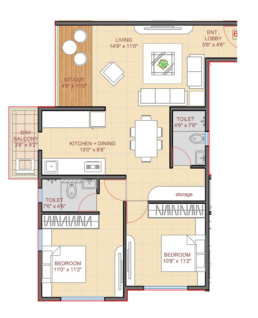 Floor plan of 2 BHK 754 Sq. Ft. Apartment in Oree Suryam 89, Pune