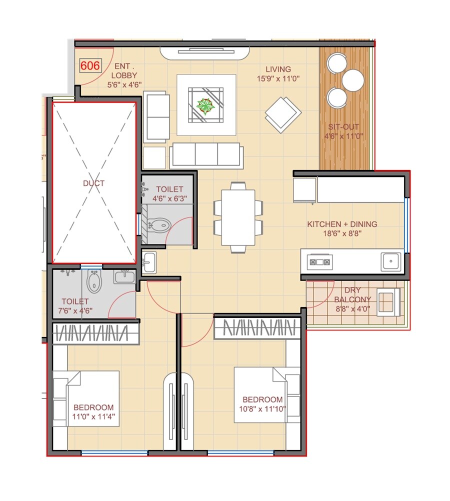 Floor plan of 2 BHK 847 Sq. Ft. Apartment in Oree Suryam 89, Pune