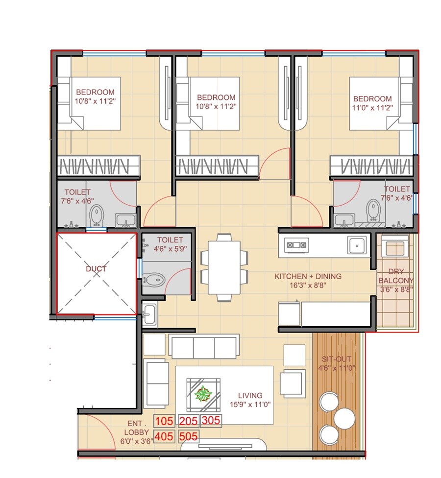 Floor plan of 3 BHK 1007 Sq. Ft. Apartment in Oree Suryam 89, Pune