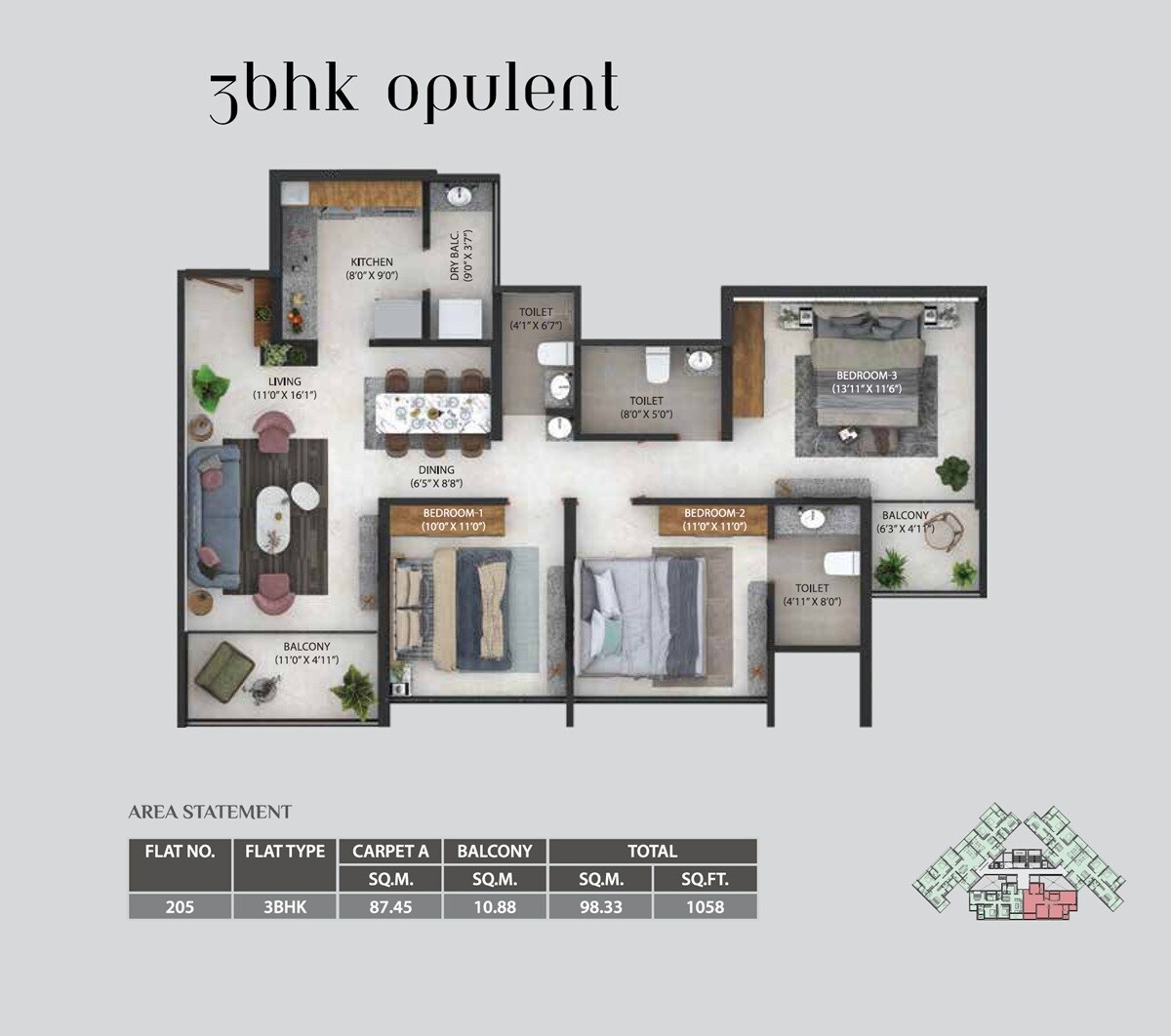 Floor plan of 3 BHK 1058 Sq. Ft. Apartment in Osian Almanova, Pune