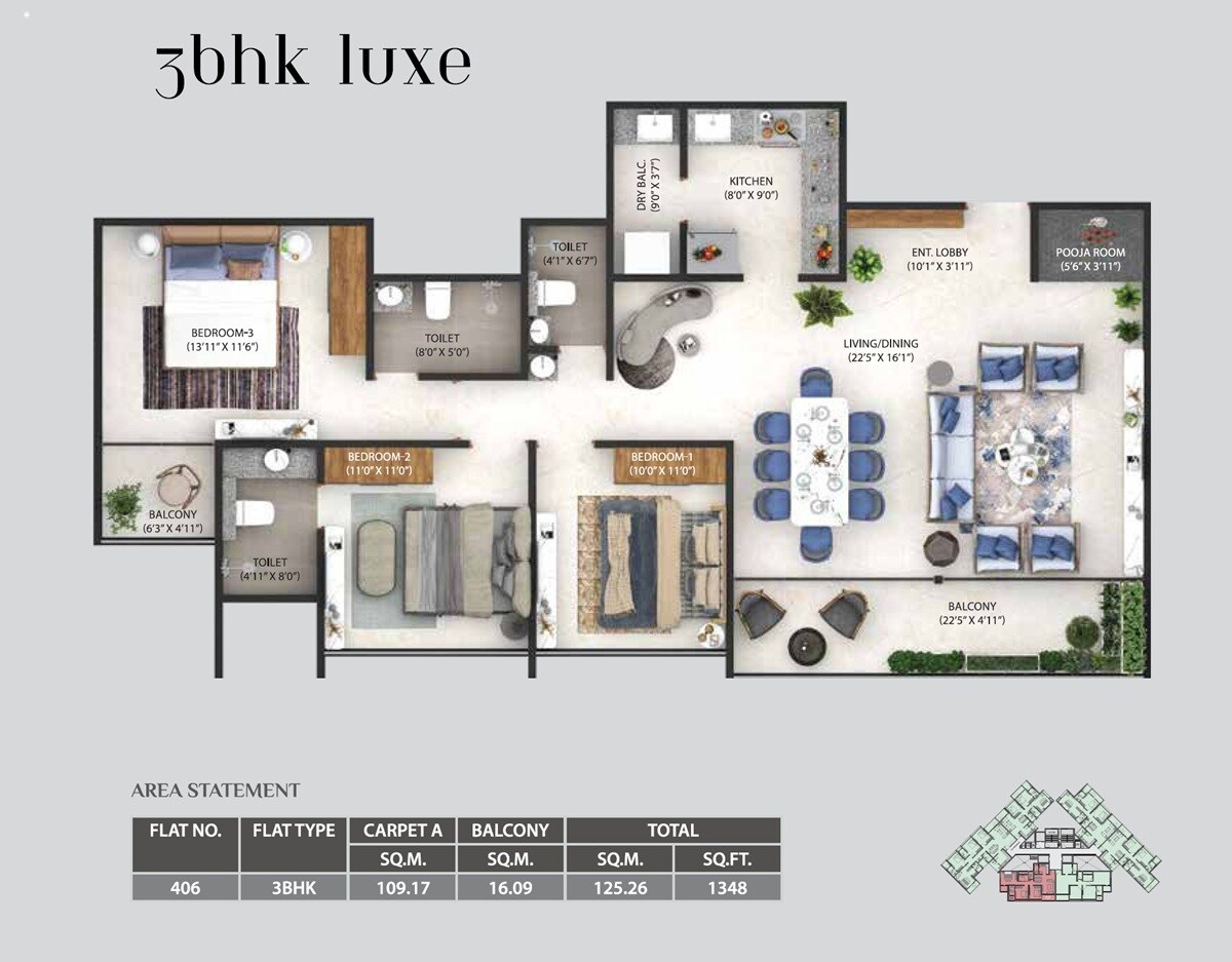 Floor plan of 3 BHK 1348 Sq. Ft. Apartment in Osian Almanova, Pune