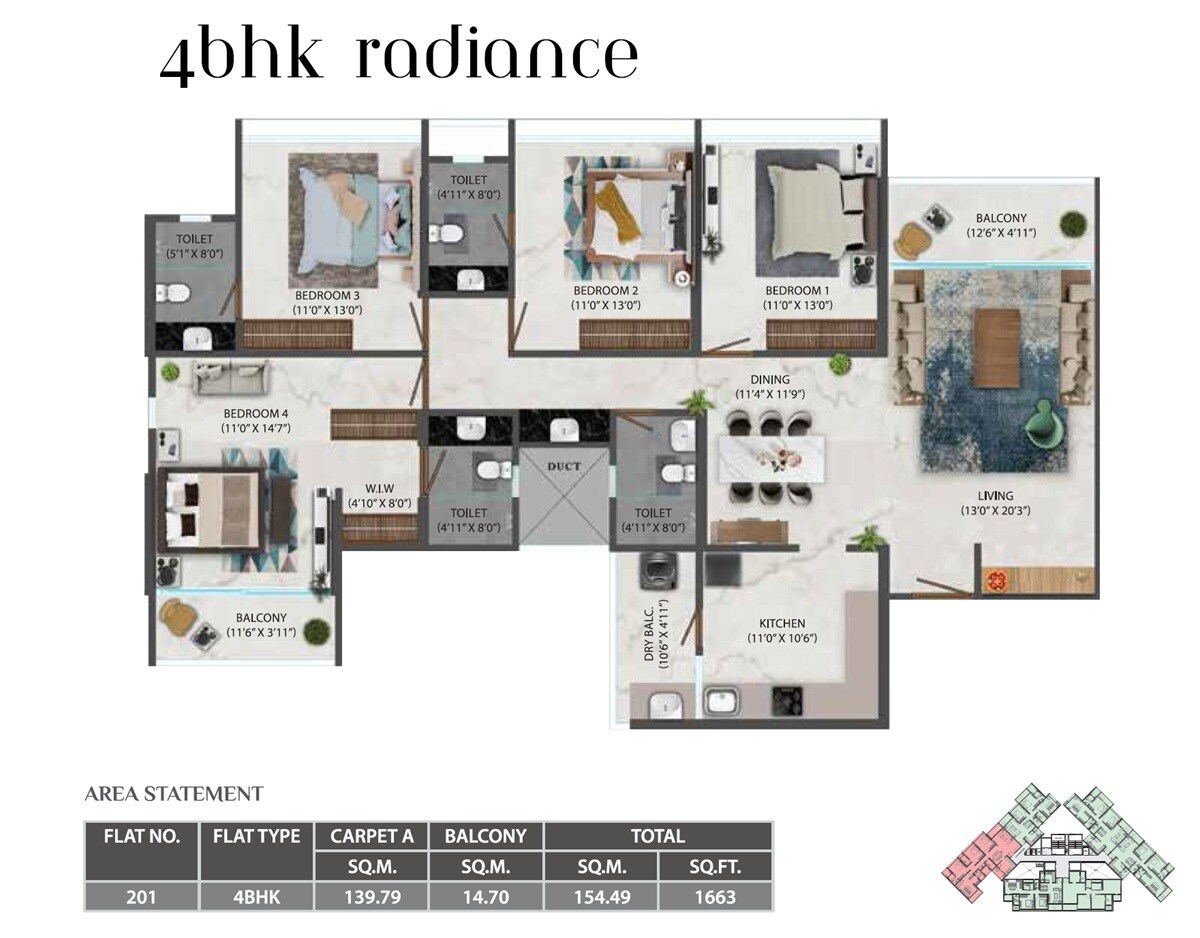 Floor plan of 4 BHK 1663 Sq. Ft. Apartment in Osian Almanova, Pune