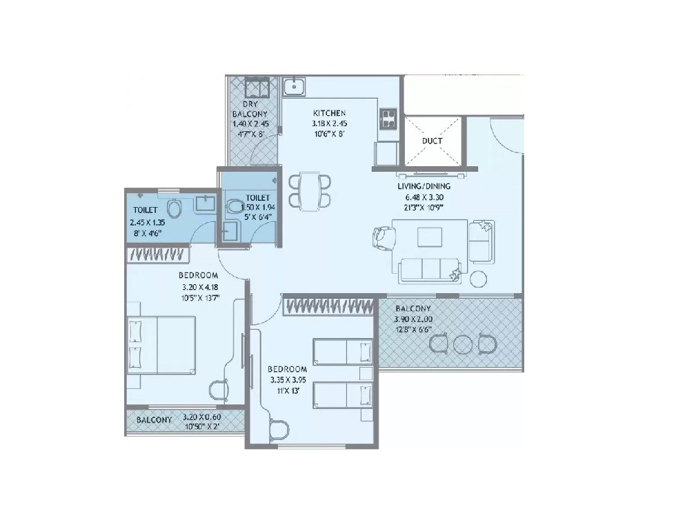 Floor plan of 2 BHK 626 Sq. Ft. Apartment in Osian Divino, Pune