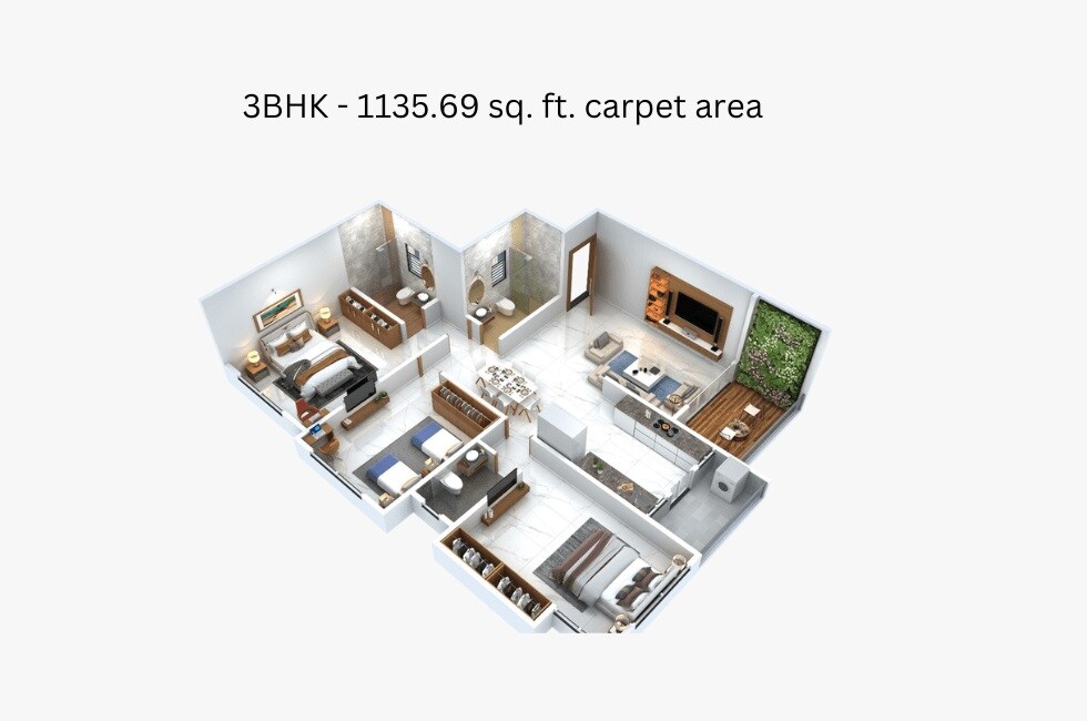 Floor plan of 3 BHK 1136 Sq. Ft. Apartment in Osian Divino, Pune