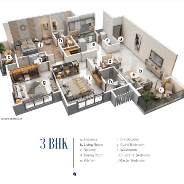 Floor plan of 3 BHK 1219 Sq. Ft. Apartment in Osian Navkar, Pune