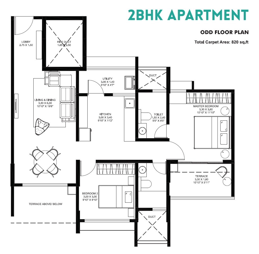 Floor plan of 2 BHK 820 Sq. Ft. Apartment in Oxford Florida Riverwalk, Pune