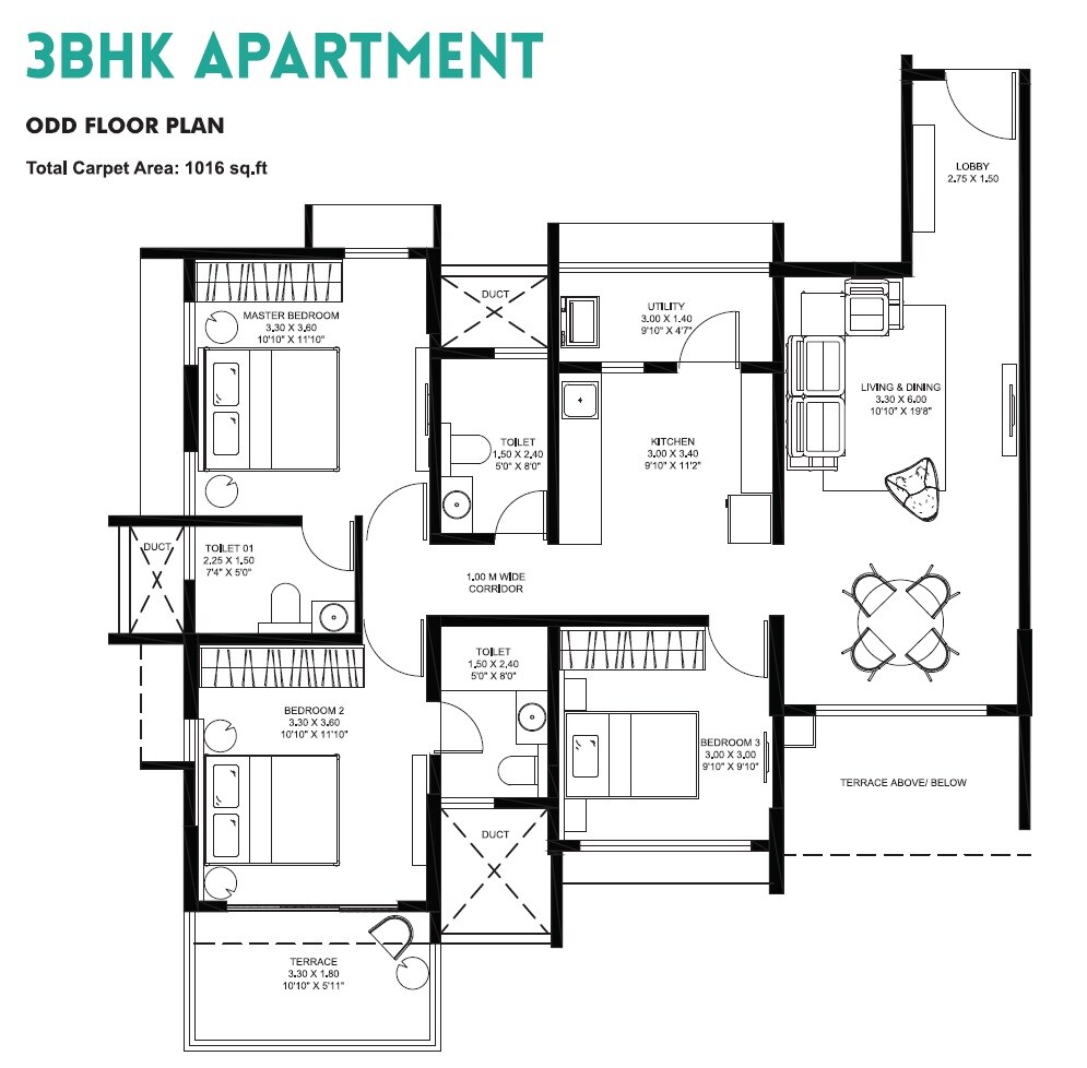 Floor plan of 3 BHK 1016 Sq. Ft. Apartment in Oxford Florida Riverwalk, Pune