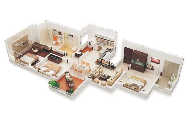 Floor plan of 3 BHK 1350 Sq. Ft. Apartment in Oxford Olympia, Pune