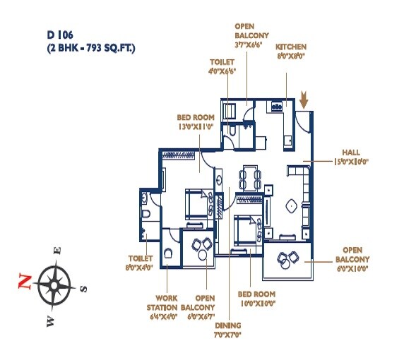 Floor plan of 2 BHK 734 Sq. Ft. Apartment in Oxy Beaumonde, Pune
