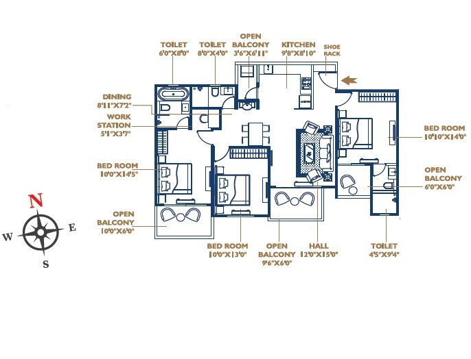 Floor plan of 3 BHK 1168 Sq. Ft. Apartment in Oxy Beaumonde, Pune