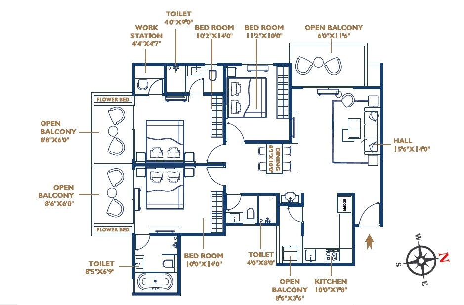Floor plan of 3 BHK 1189 Sq. Ft. Apartment in Oxy Beaumonde, Pune