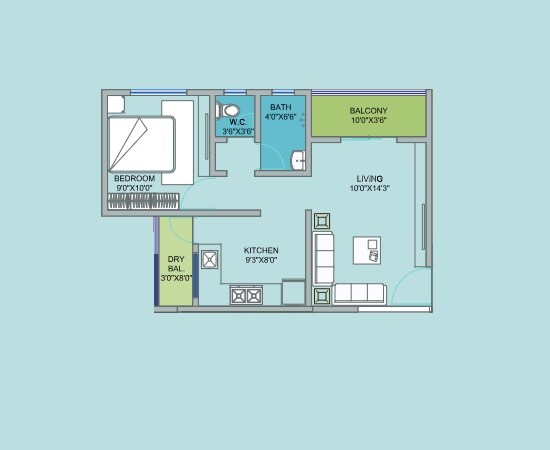 Floor plan of 1 BHK 491 Sq. Ft. Apartment in Palande Swanand Residency, Pune