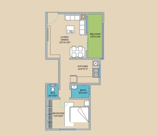 Floor plan of 1 BHK 441 Sq. Ft. Apartment in Palande Swanand Residency, Pune