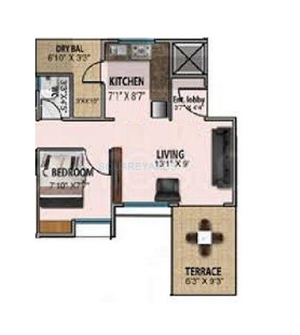 Floor plan of 1 BHK 697 Sq. Ft. Apartment in Palm Atlantis, Pune