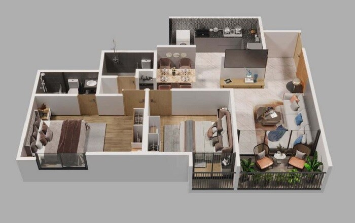 Floor plan of 2 BHK 730 Sq. Ft. Apartment in Panache Aura, Pune