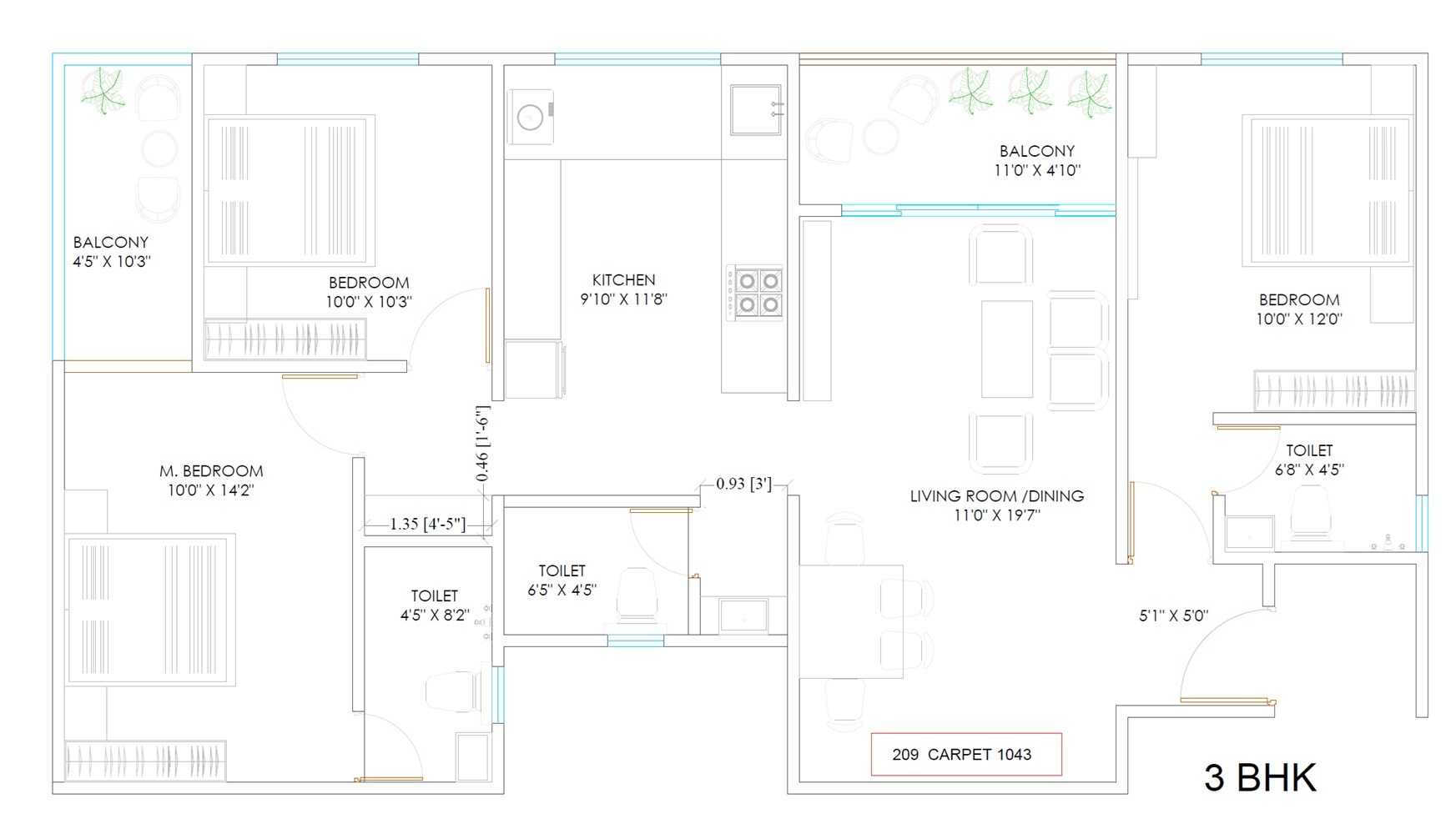 Floor plan of 3 BHK 1043 Sq. Ft. Apartment in Panache Aura, Pune