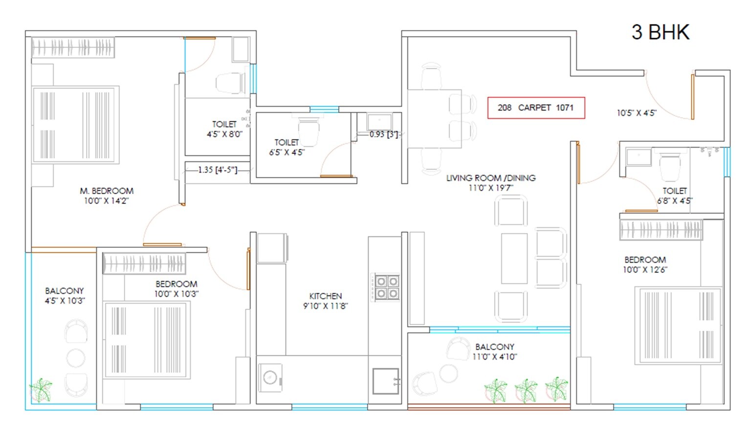 Floor plan of 3 BHK 1071 Sq. Ft. Apartment in Panache Aura, Pune