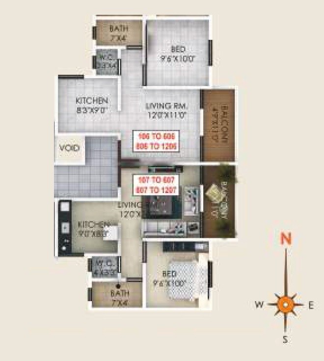 Floor plan of 2 BHK 674 Sq. Ft. Apartment in Panchratna Hills, Pune