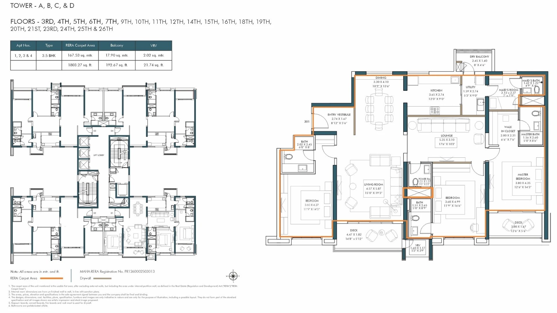 Floor plan of 3 BHK 1803 Sq. Ft. Apartment in Panchshil 57 Avenue, Pune