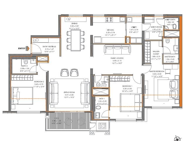 Floor plan of 3 BHK 1700 Sq. Ft. Apartment in Panchshil Towers, Pune