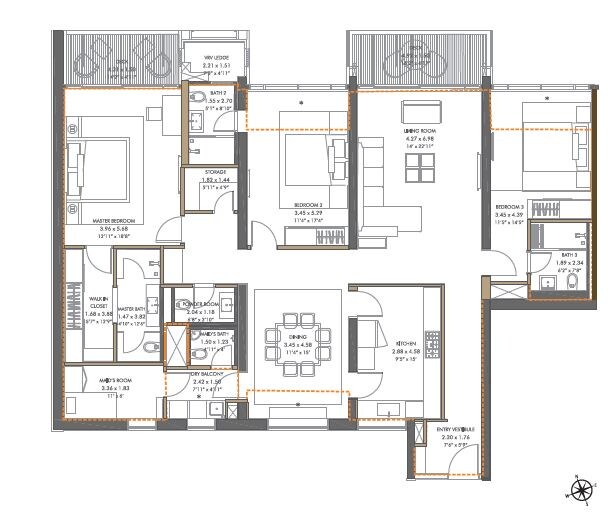 Floor plan of 3 BHK 1857 Sq. Ft. Apartment in Panchshil Towers, Pune