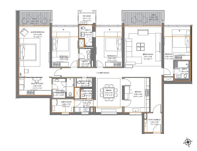 Floor plan of 4 BHK 2224 Sq. Ft. Apartment in Panchshil Towers, Pune